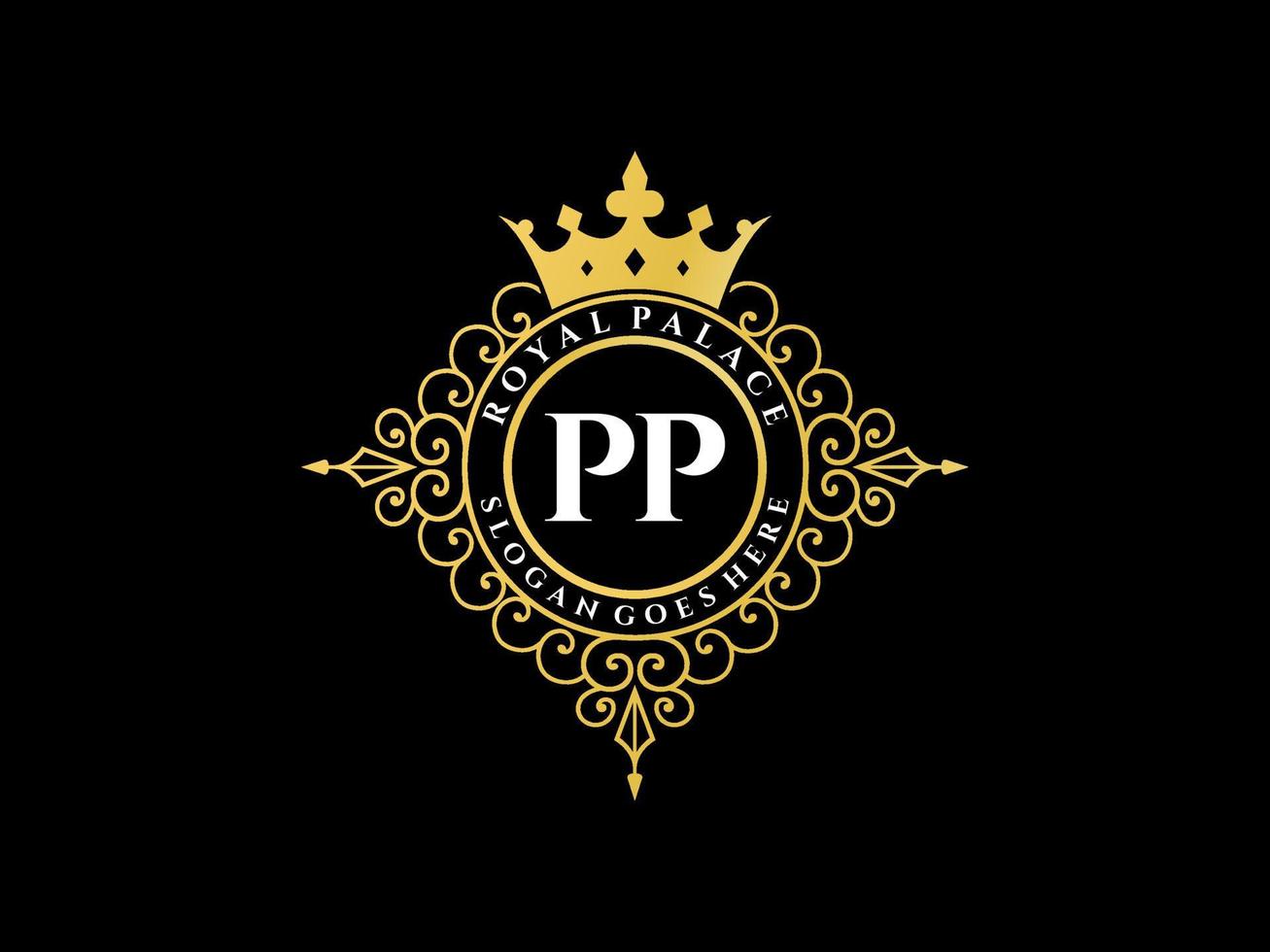 Letter PP Antique royal luxury victorian logo with ornamental frame. vector