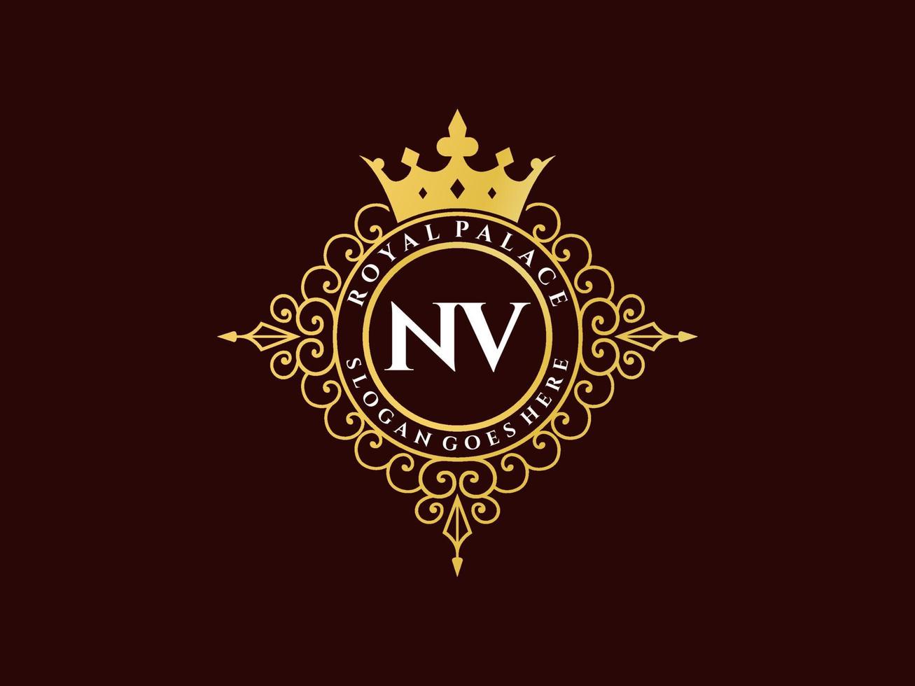 Letter NV Antique royal luxury victorian logo with ornamental frame. vector