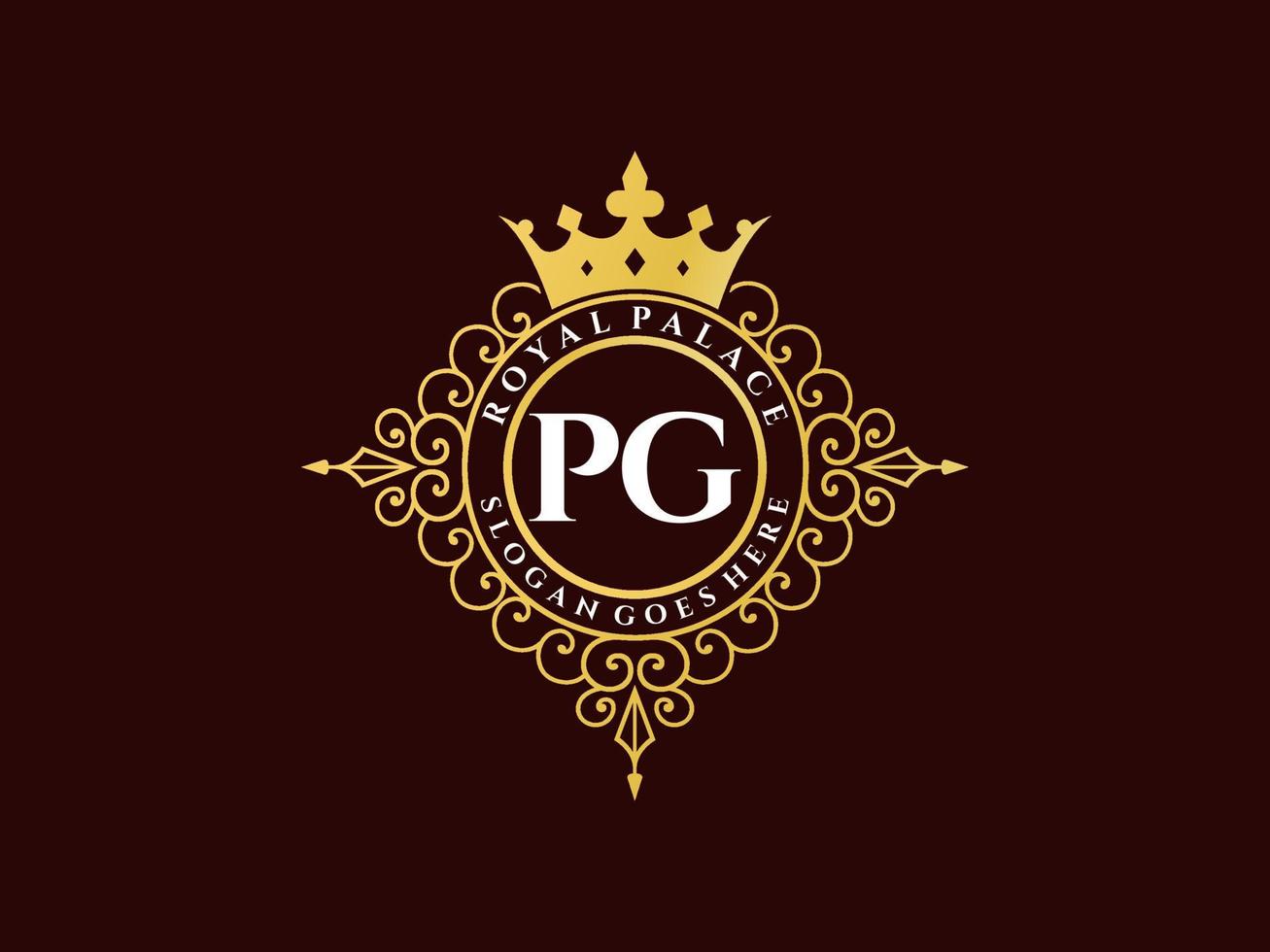 Letter PG Antique royal luxury victorian logo with ornamental frame. vector