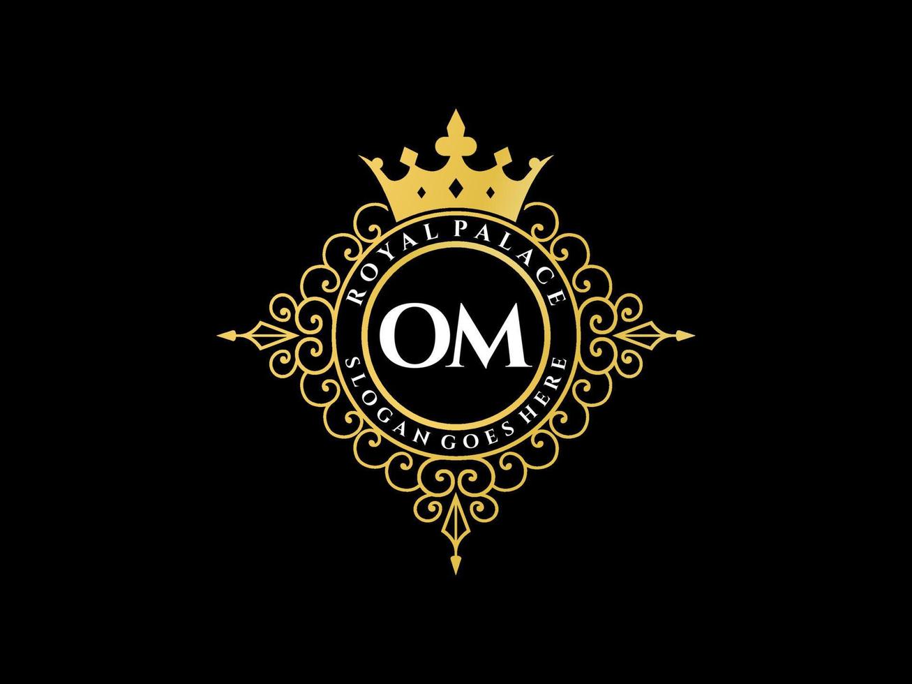 Letter OM Antique royal luxury victorian logo with ornamental frame. vector