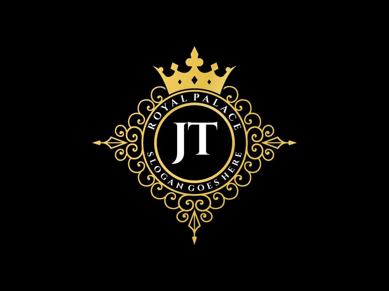 Letter JT Antique royal luxury victorian logo with ornamental frame. vector
