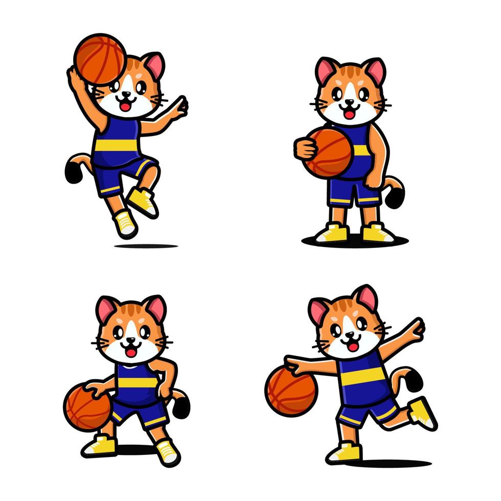 conjunto de lindo gato feliz jugando baloncesto vector