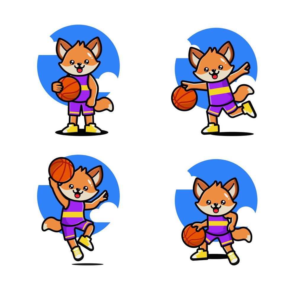 Set of happy cute fox playing basketball vector