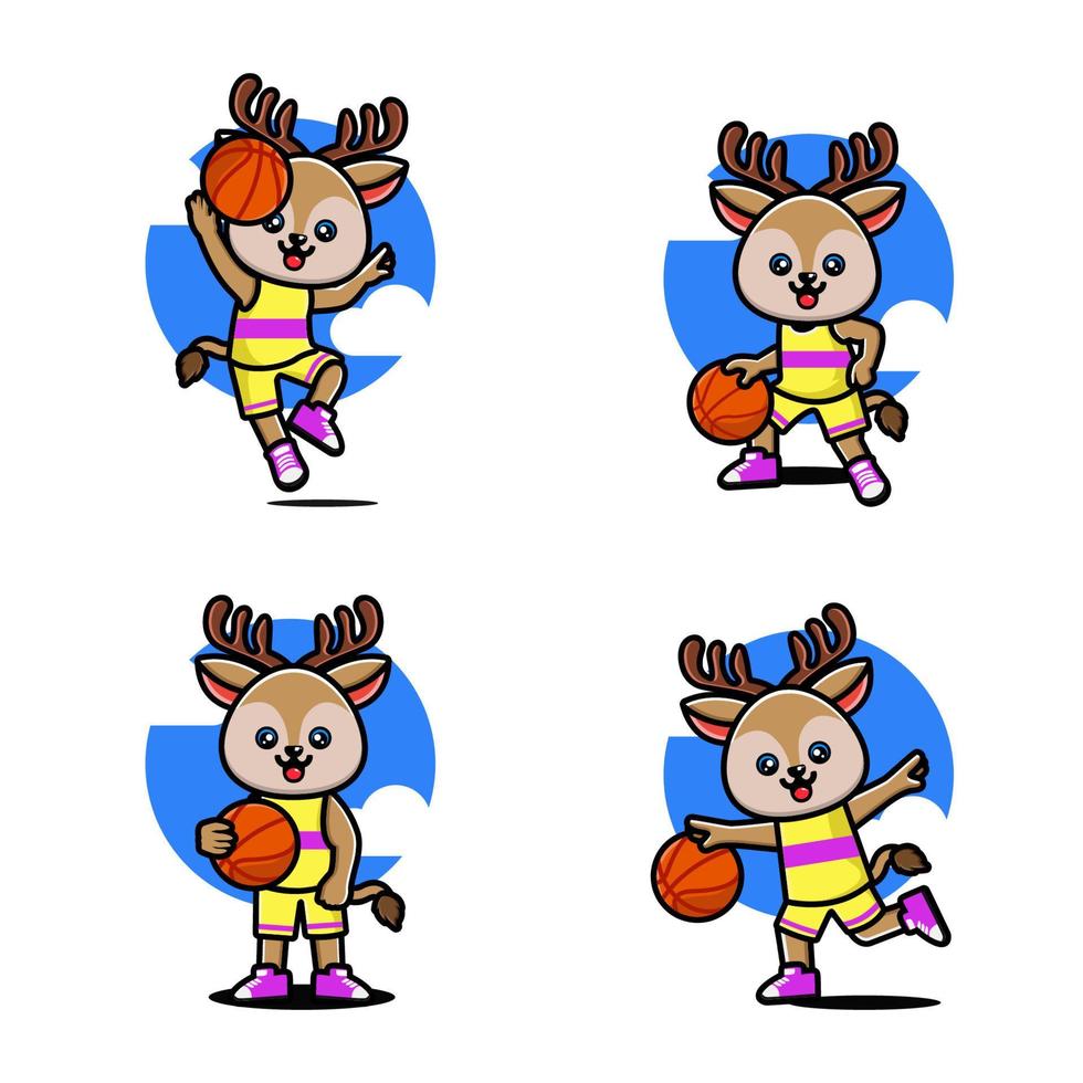 Set of happy cute deer playing basketball vector