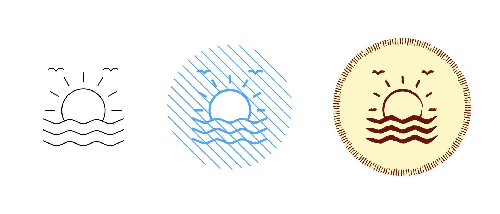 This is a set of contour and color icons of the sun and the sea vector