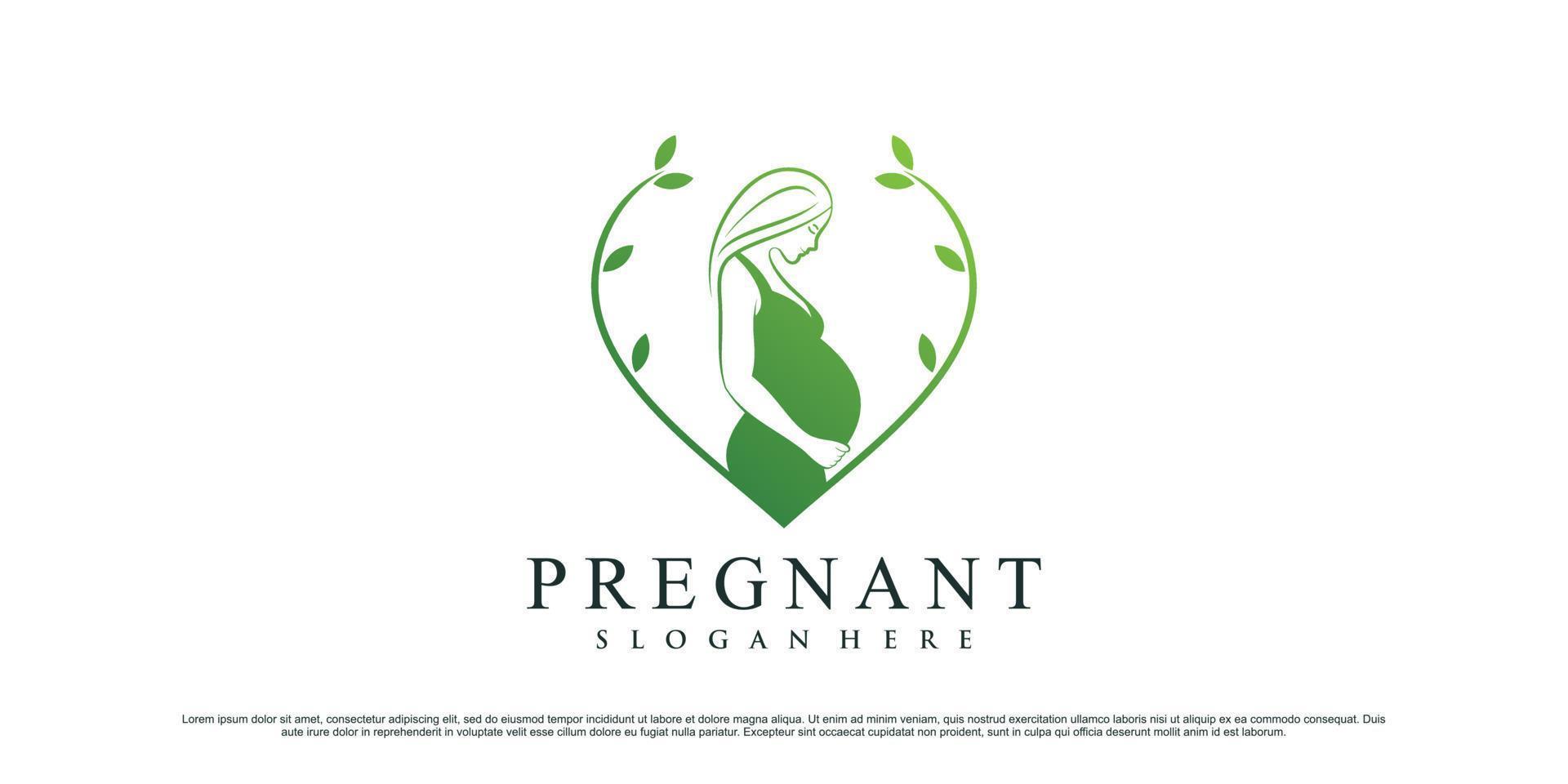 Women pregnant logo design template with heart shaped and leaf element concept vector