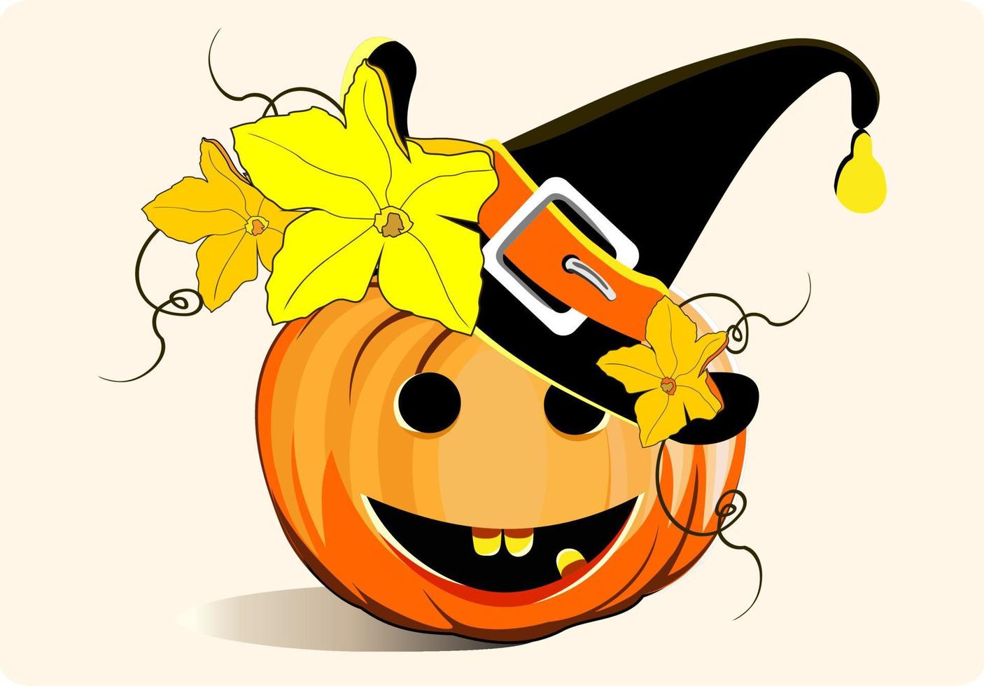 funny pumpkin with a hat on his head celebrates Halloween, pumpkin leaves and flowers for halloween vector