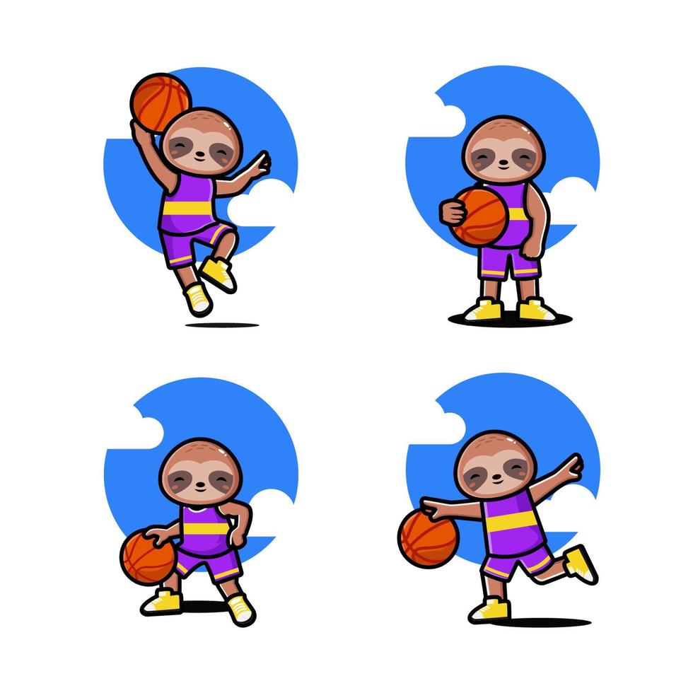 Set of happy cute sloth playing basketball vector