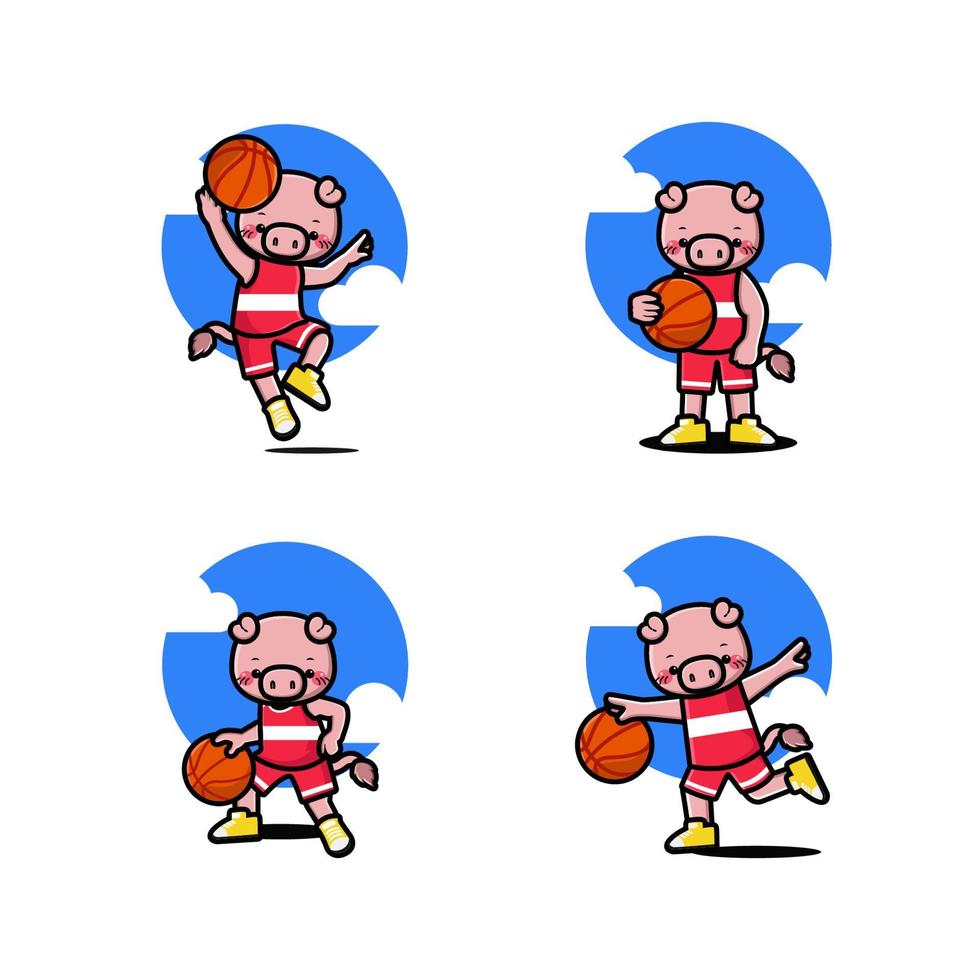 conjunto de cerdo lindo feliz jugando baloncesto vector