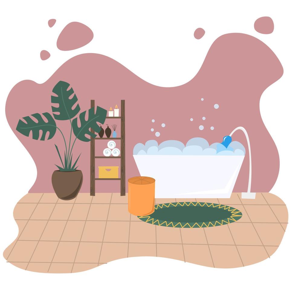 Cozy bathroom interior with bubbles, growth, carpet and shelves vector