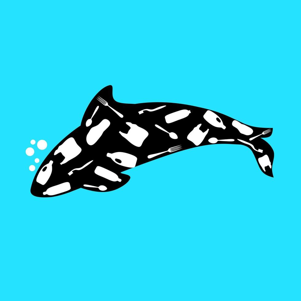 Silhouette of a sperm whale contaminated with plastic waste. Ecological disaster of plastic waste in the sea. Garbage bottles, spoons, forks, plastic, are in the whale's stomach. Vector illustration