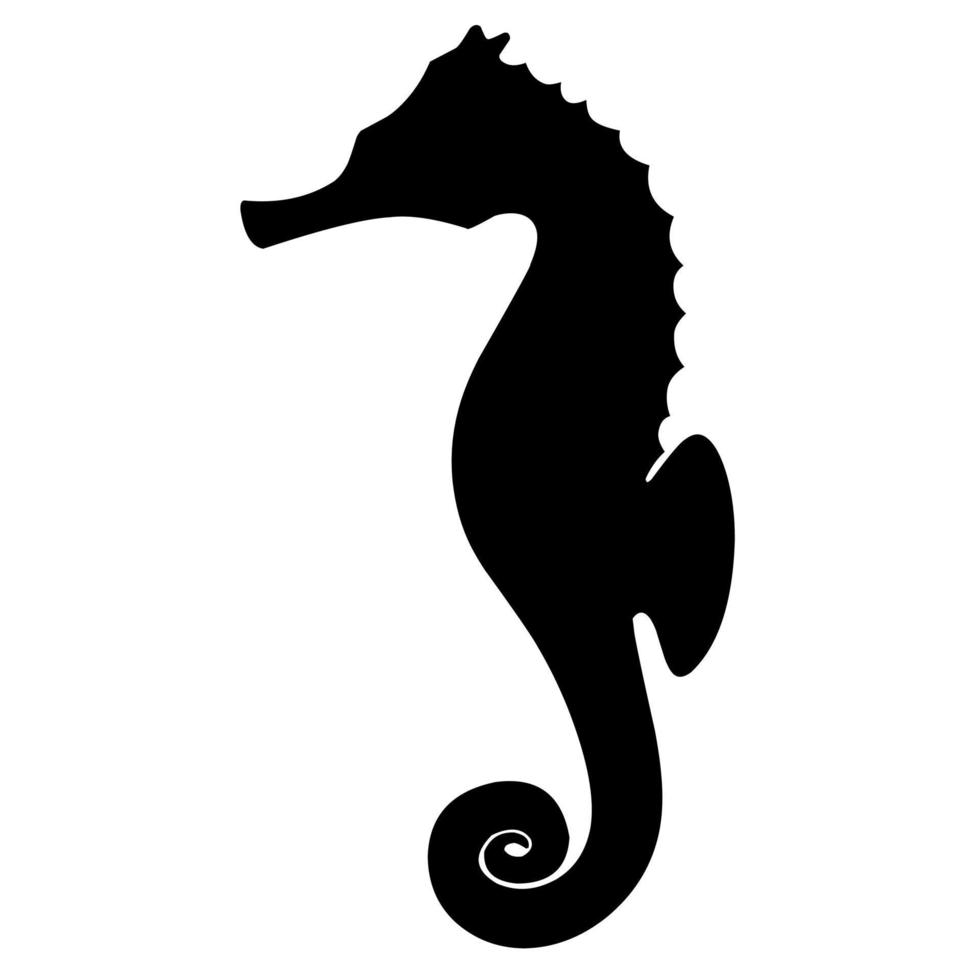 Silhouette vector illustration of a seahorse on a white background. Side view of black seahorse. Great for logos, cards, banners, posters.