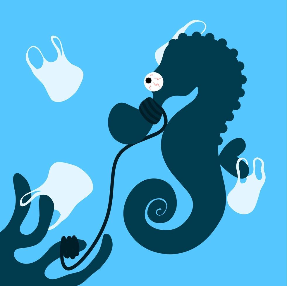 Silhouette of seahorse, stuck in rope and plastic bag. Plastic waste pollution in the sea. plastic waste, ropes, straws and bottles. Polluted sea background illustration. vector