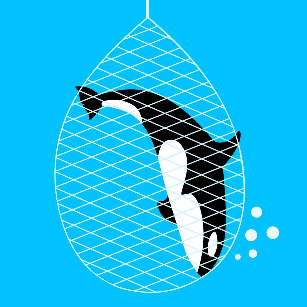 gran ballena atrapada en una red de pesca. red dibujada por ballenas en el fondo del mar azul. ideal para logotipos y carteles de caza de animales protegidos, animales extintos. ilustración vectorial vector