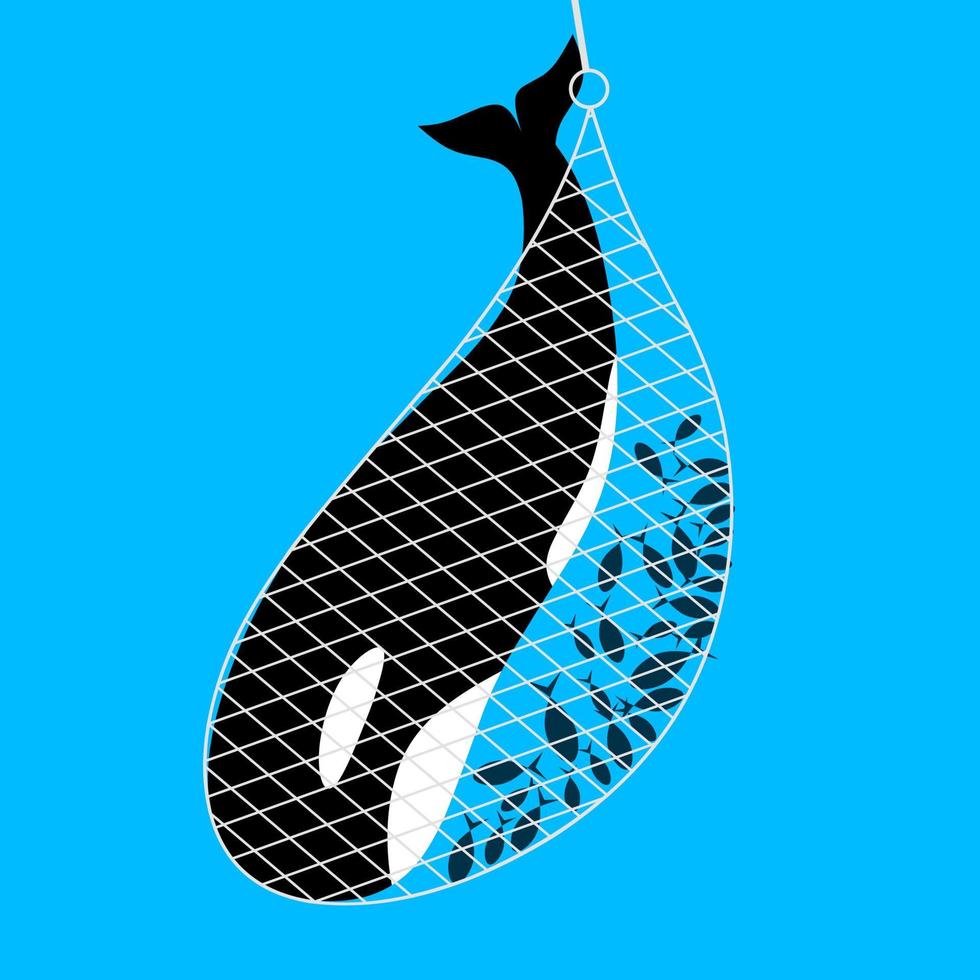 la ballena queda atrapada en la red. red de ballenas con peces pequeños en el fondo azul del mar. ideal para carteles no cazar animales protegidos, animales que están a punto de extinguirse. ilustración vectorial vector