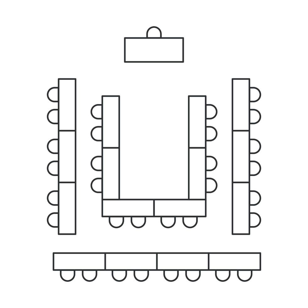 Classroom seating scheme. Tables and chairs  line icon. Top view furniture interior plan. Vector illustration on white background