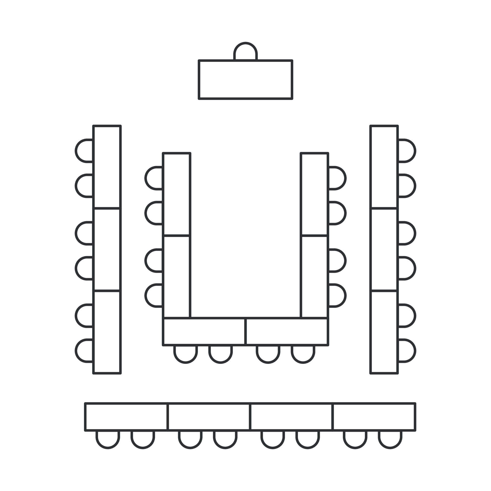 Classroom seating scheme. Tables and chairs line icon. Top view furniture interior plan. Vector