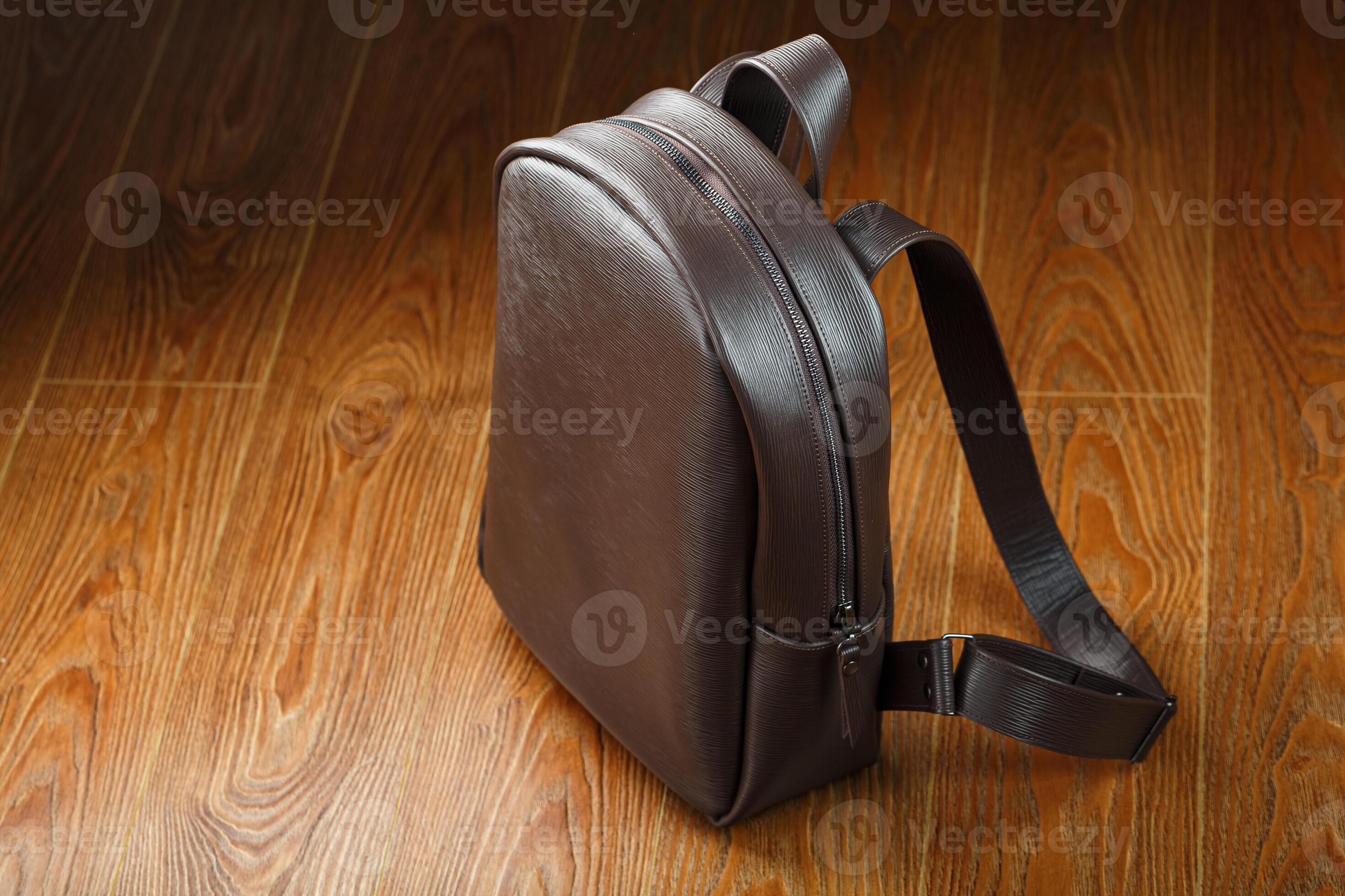 Closeup of the elements of the bag, backpack made of genuine leather