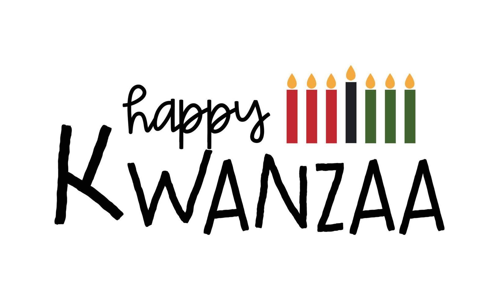 Happy Kwanzaa text logo with simple minimalist icon of Kwanzaa seven candles in Kinara candle holder. Vector illustration isolated on white background. Design for greeting card, poster