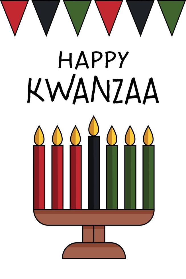 Happy Kwanzaa greeting card with kinara and seven candles, flag bunting, flat illustration. Cute simple vertical poster for African American Kwanzaa celebration holiday. vector