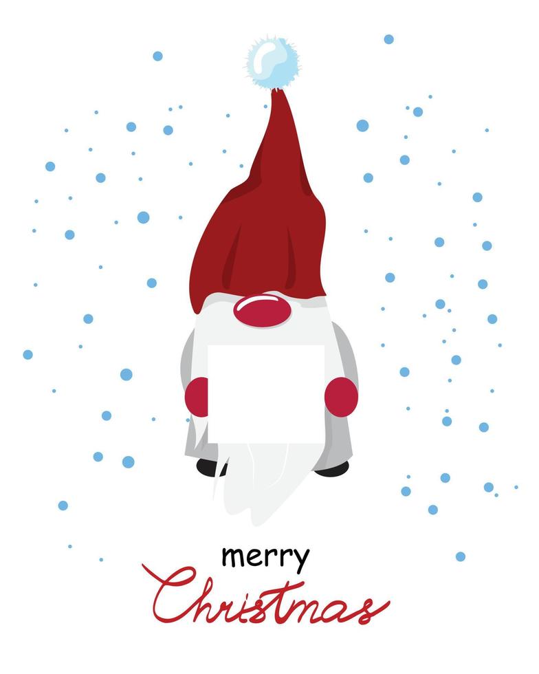 Gnome with a blank card for names, wishes for Christmas. Christmas illustration with a cute gnome holding a blank shield. Personalised card for Christmas. vector