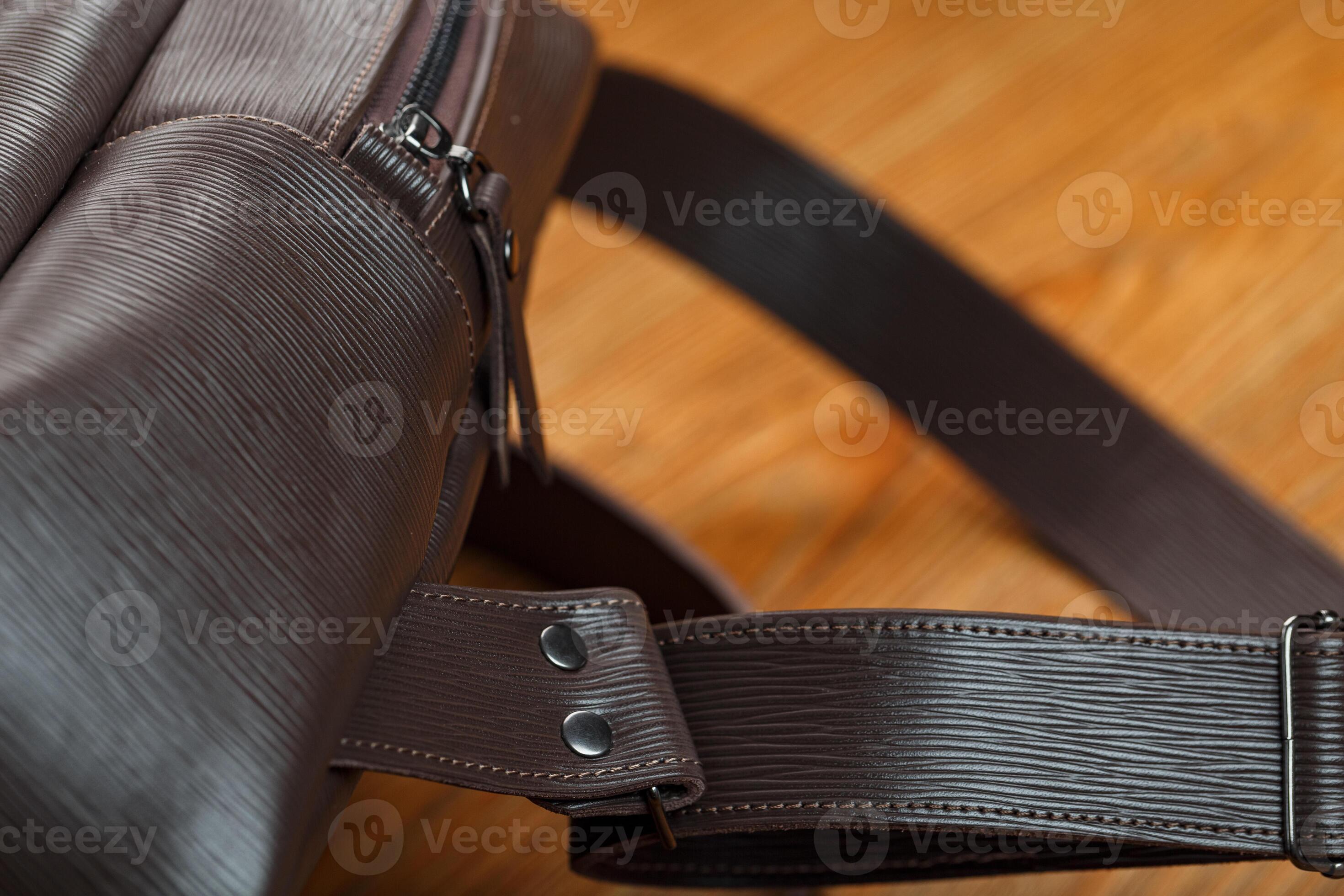 Closeup of the elements of the bag, backpack made of genuine leather
