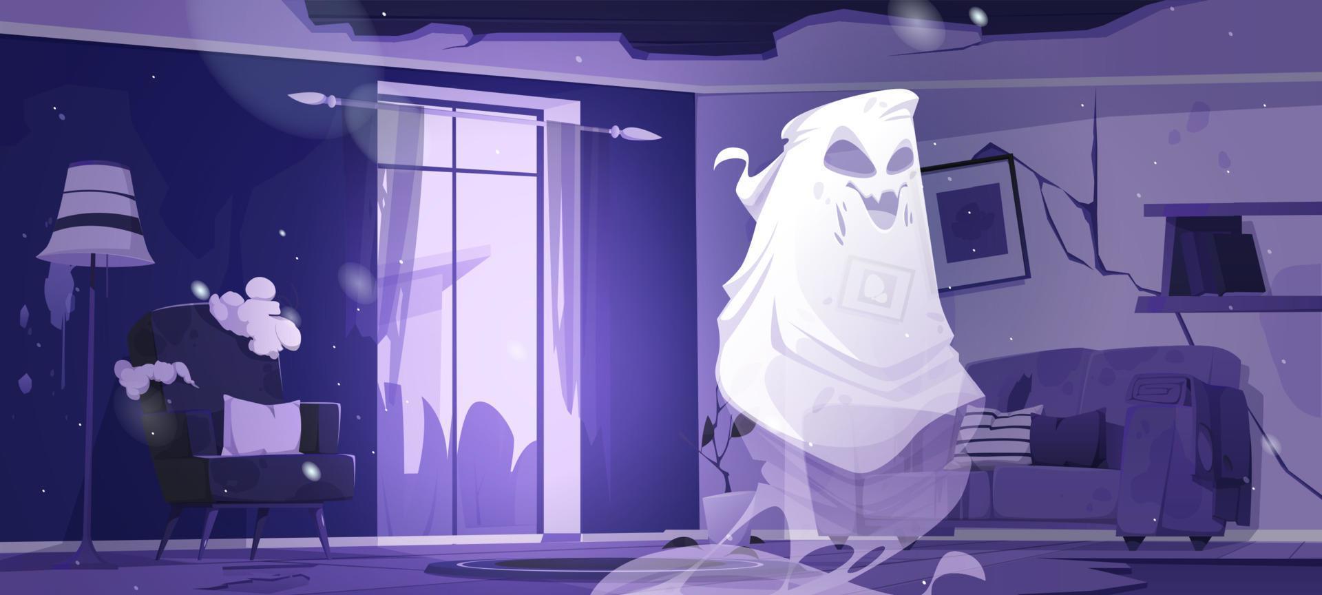 Ghost in night abandoned living room, funny spook vector