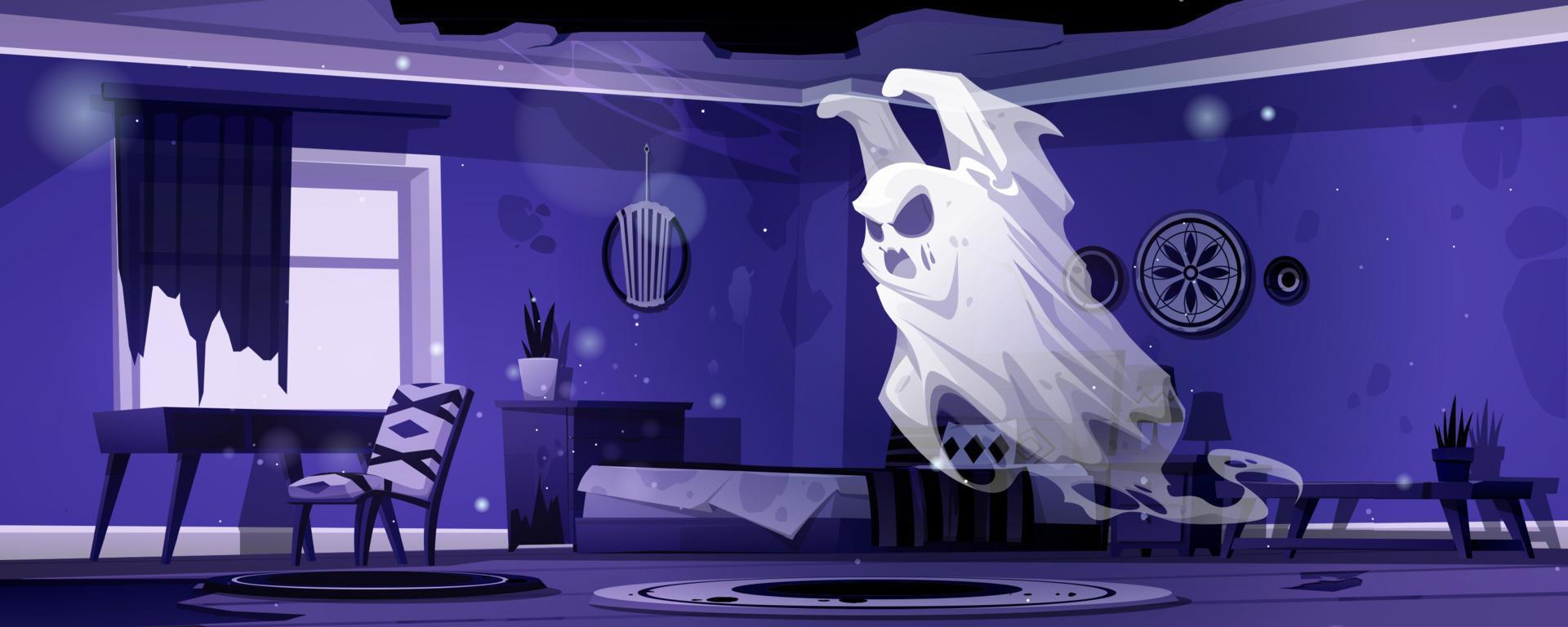 Ghost in night abandoned bedroom, scary spook vector
