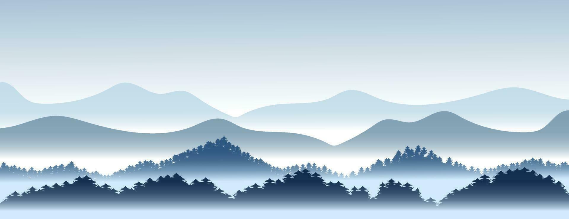 ilustración de vector de paisaje de montaña con niebla y bosque