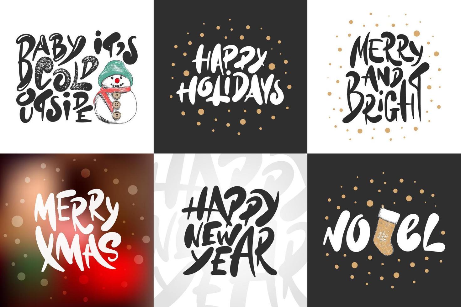Vector set of greeting cards, stamps, stickers and posters with hand drawn lettering and engraved illustrations. Sketch set Christmas, Noel and New Year holiday. Detailed vintage etching drawing.