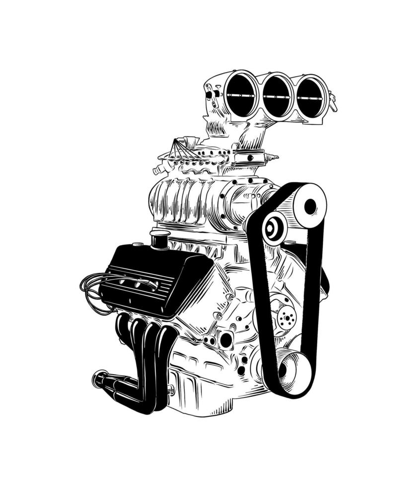 ilustración de estilo grabado vectorial para carteles, decoración e impresión. boceto dibujado a mano del motor del coche en negro aislado sobre fondo blanco. dibujo detallado de estilo de grabado vintage. vector