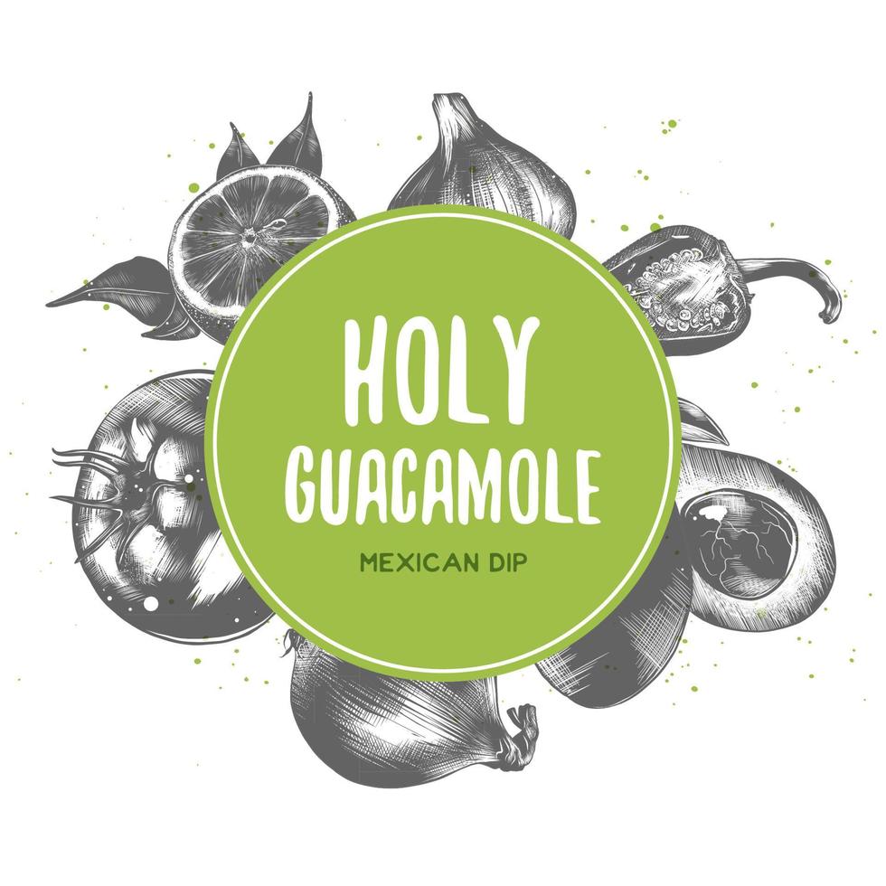 Vector vintage background with engraved hand drawn sketches of guacamole ingredients. Organic craft vegetables and spices illustrations. Mexican cuisine top view frame. Food menu design template.