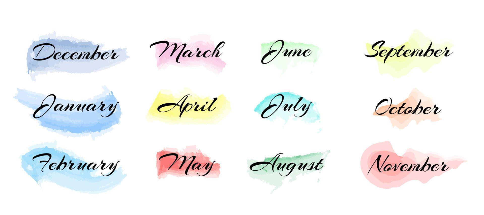 Handwritten months names of the year on the background of an colorful brush. Set of colorful month names phrases. Vector stock illustration.