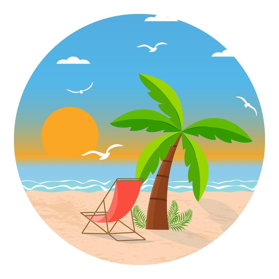 Summer logo with palm and sun lounger on the sandy beach. Summer beach illustration. Vector stock illustration.