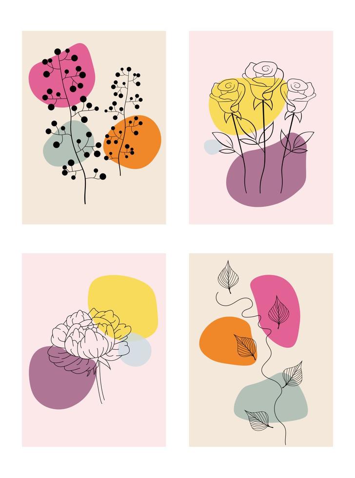 conjunto abstracto de carteles decorativos de fondo con flores y hojas y formas geométricas. hojas y flores dibujadas a mano para imprimir, cubrir, empapelar, arte de pared mínimo y natural en estilo boho. vector