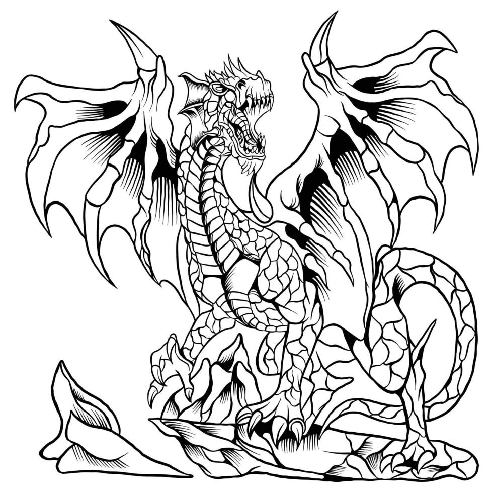 Dragon illustration tattoo style in black and white vector