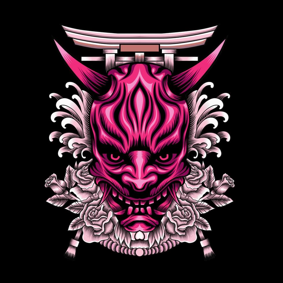 oni mask with roses and tori gate illustration vector