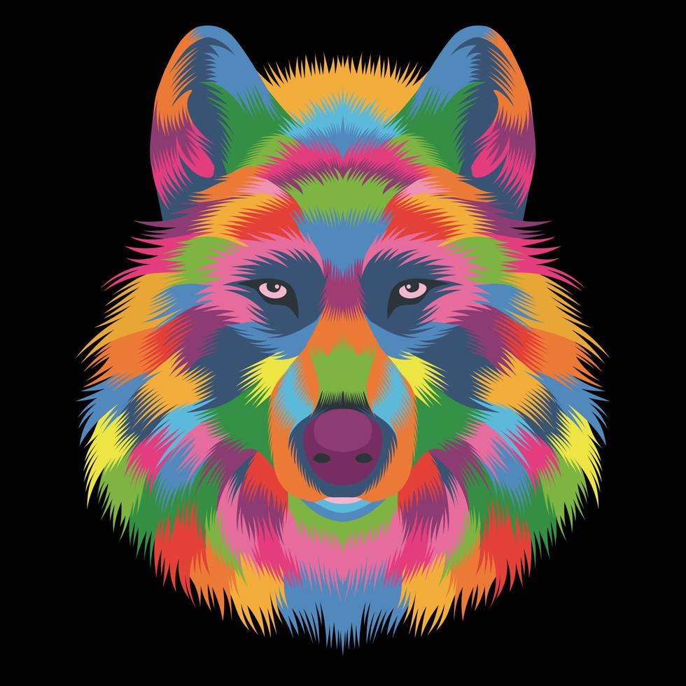 colorful wolf's head on a black background in pop art style. vector