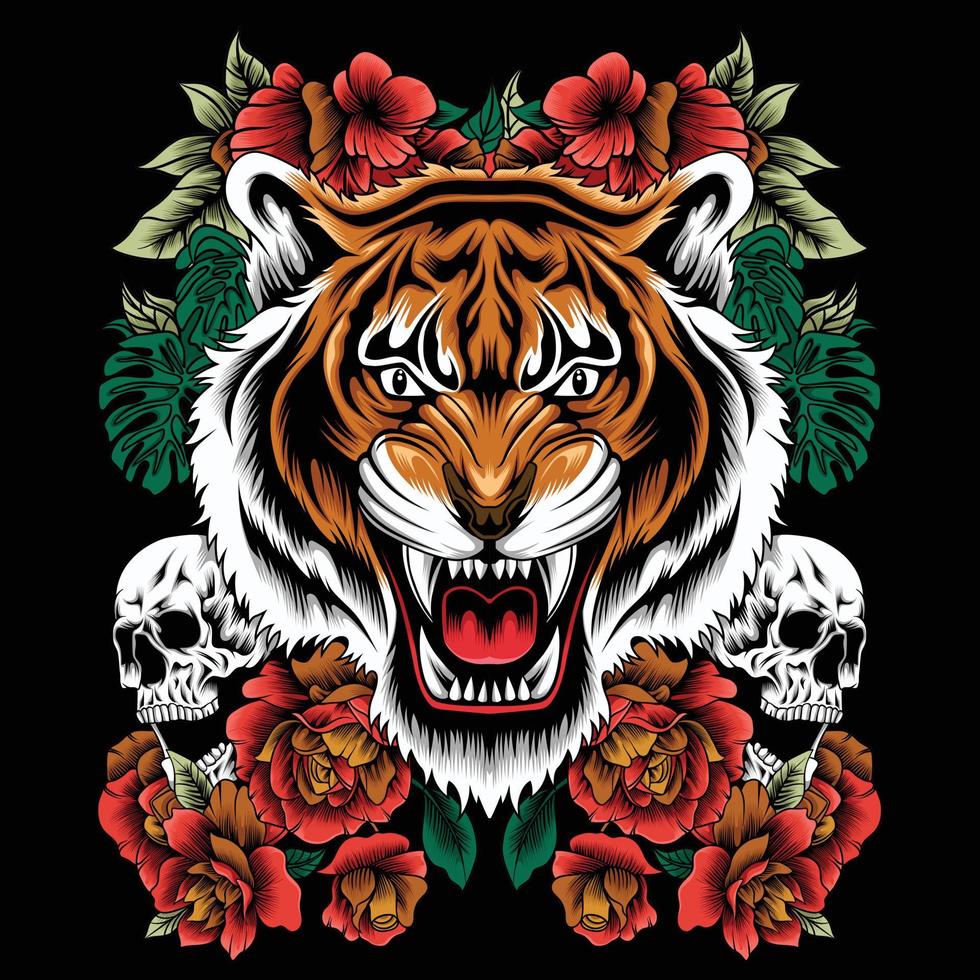 patrón floral colorido con rosas, tigre y calavera. ornamento de la moda folclórica tradicional vectorial sobre fondo negro. vector