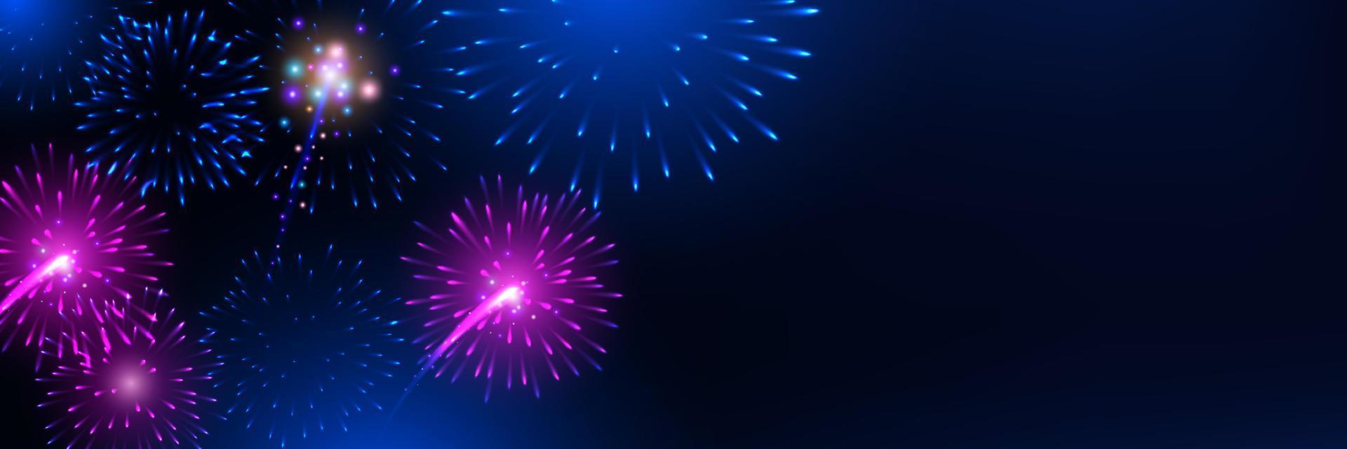 Brightly Colorful Fireworks on twilight background. Vector illustration.