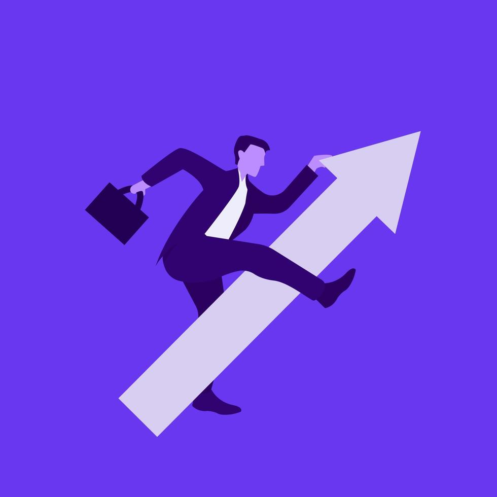 Vector illustration. Business Vision Success Concept. Businessman holding working bag while riding on raised up success arrow