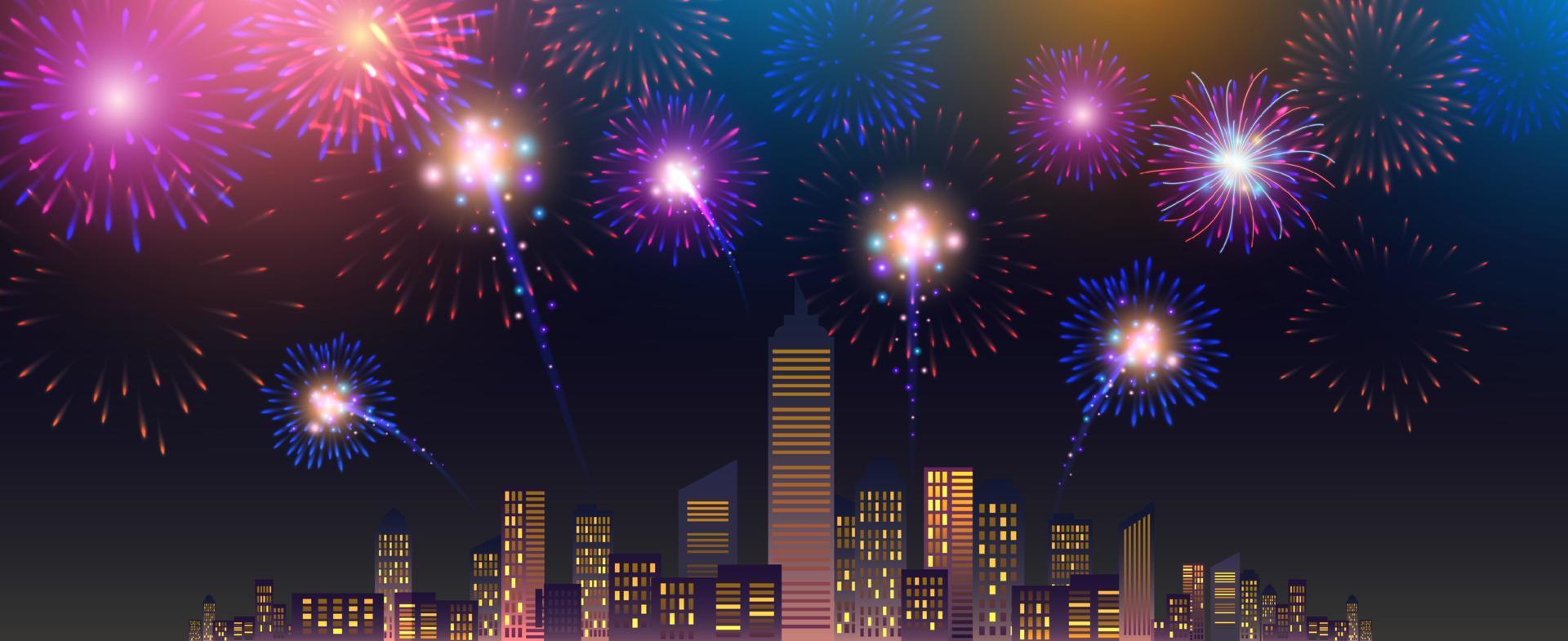 Fireworks Display over the Night City, vector illustrated background.