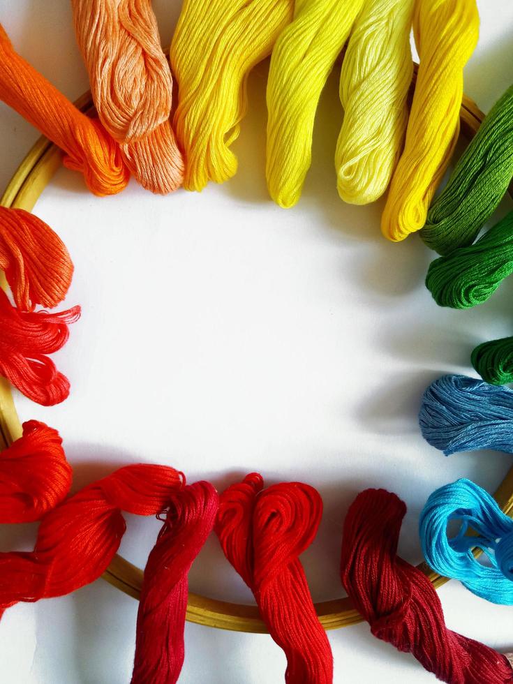 multi-colored threads for embroidery and a hoop on a white background photo