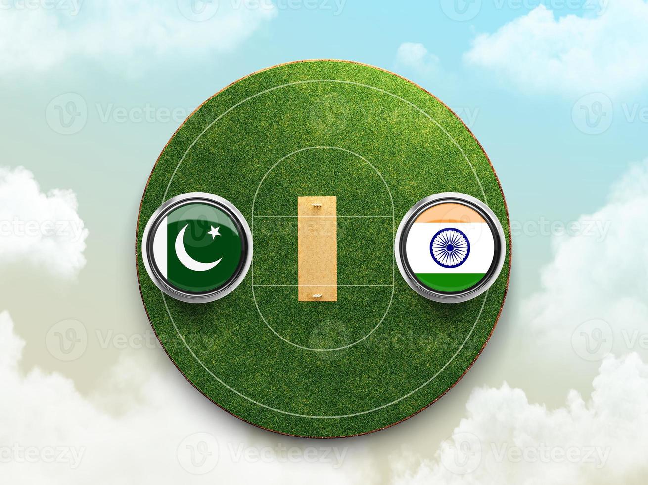 India vs Pakistan cricket flag with Button Badge on stadium 3d illustration photo