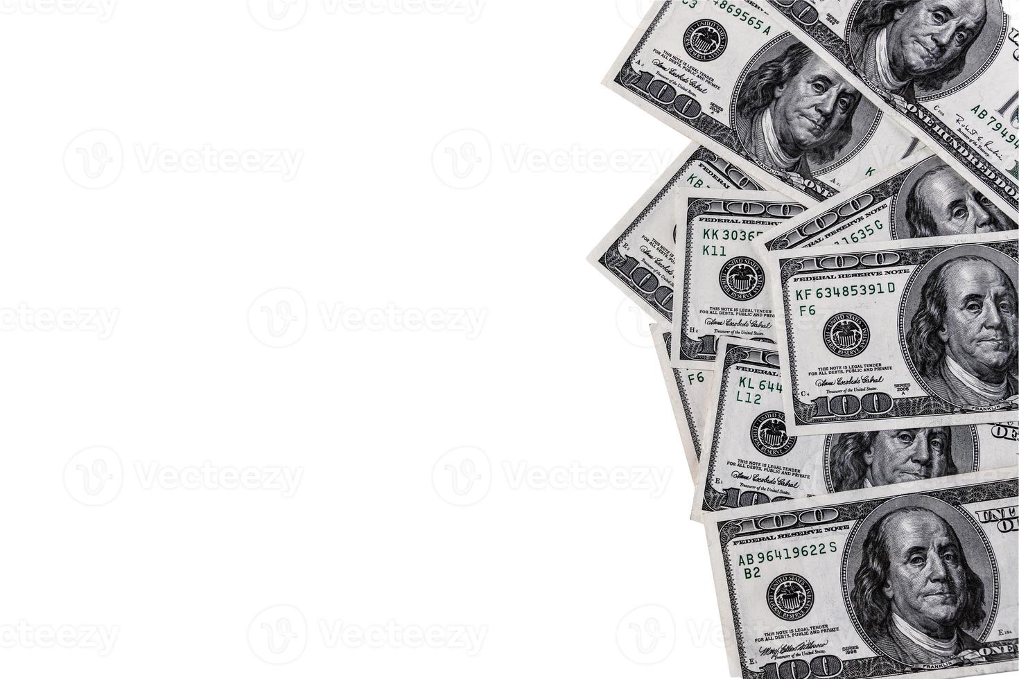 Paper money, US dollars. Located on the right side. White background, copy space. photo