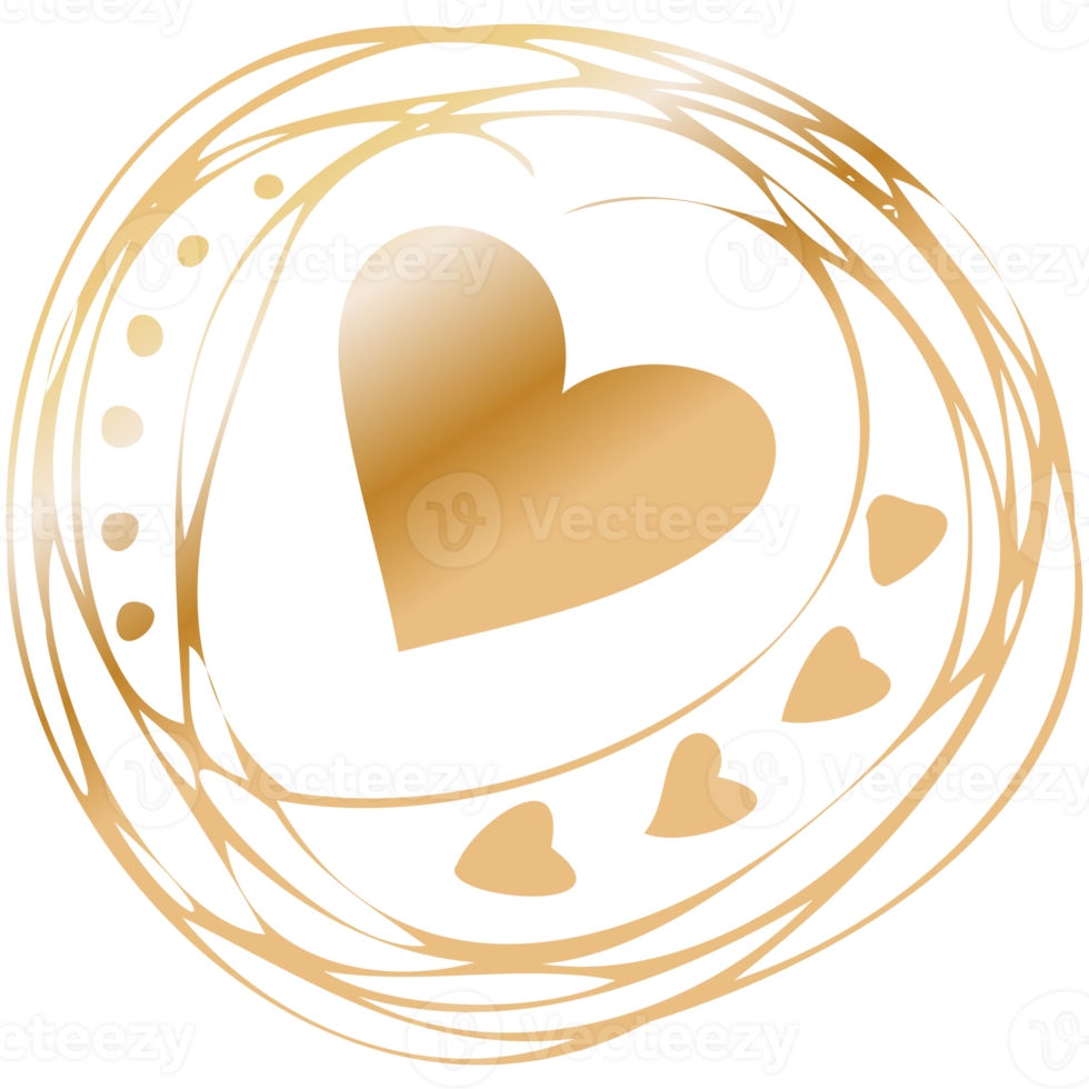 Simple golden doodle hand drawn heart. Isolated design element for valentine's day, wedding, romance png