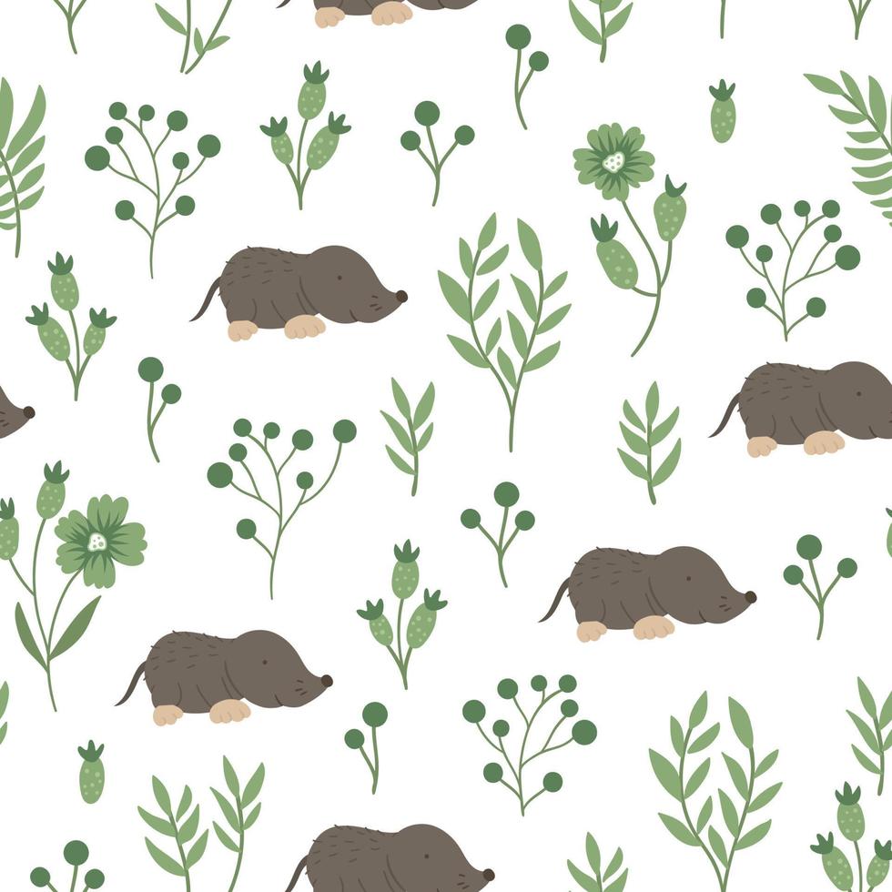 Vector seamless pattern of hand drawn flat funny baby mole with stylized foliage. Forest themed repeating background for children design. Cute animalistic backdrop