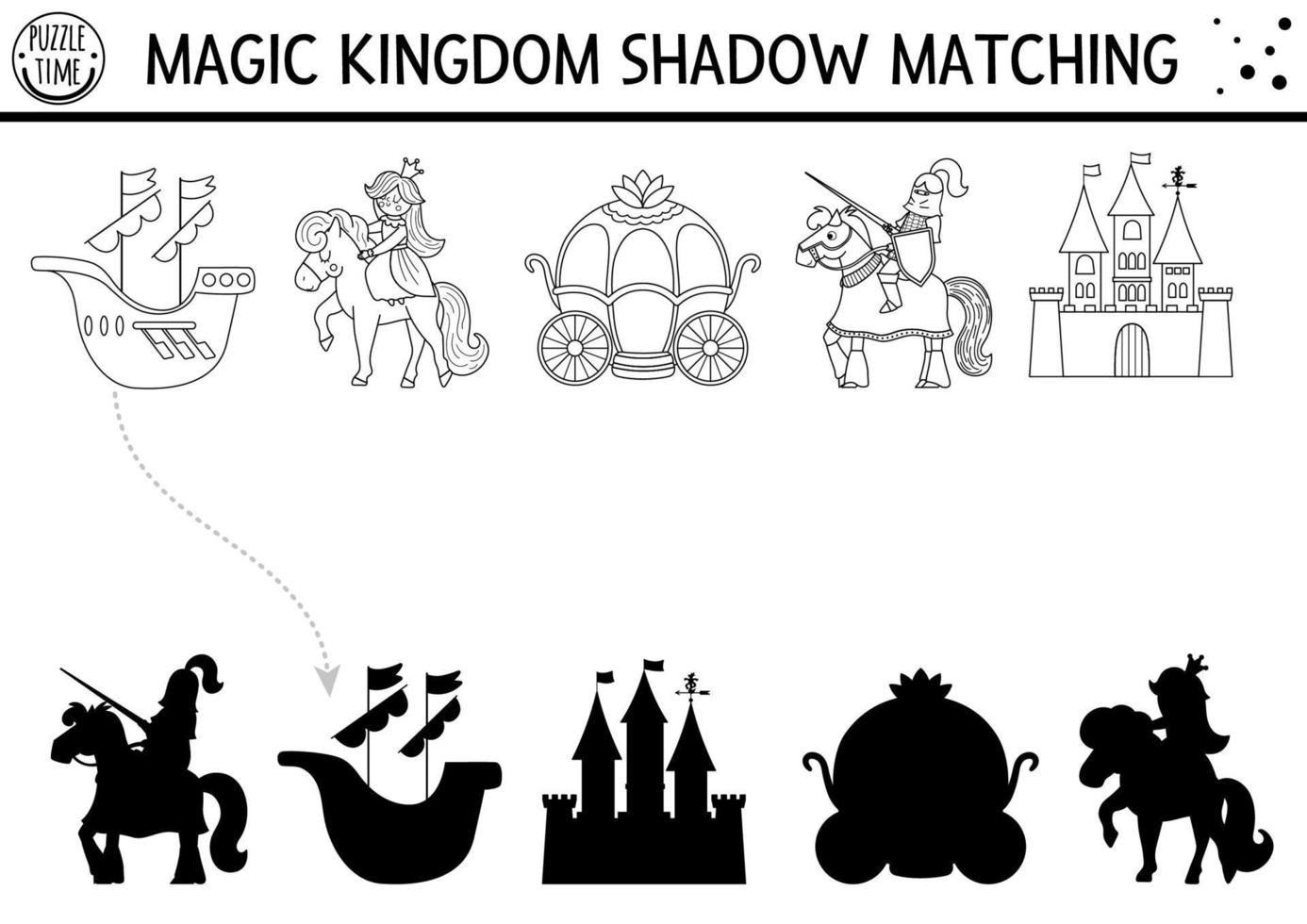 Fairytale black and white shadow matching activity with castle, princess, knight. Magic kingdom puzzle. Find correct silhouette printable worksheet. Fairy tale coloring page for kids vector