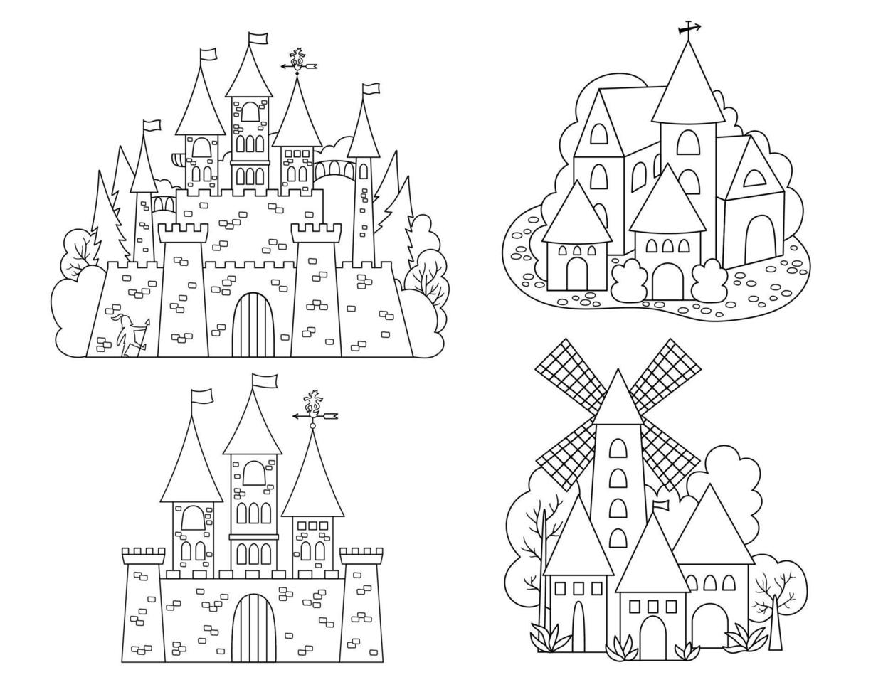 Vector black and white icons set with Medieval castles and villages. Magic kingdom line collection. Medieval stone palace with towers, flags, gates. Fairy tale town illustration or coloring page