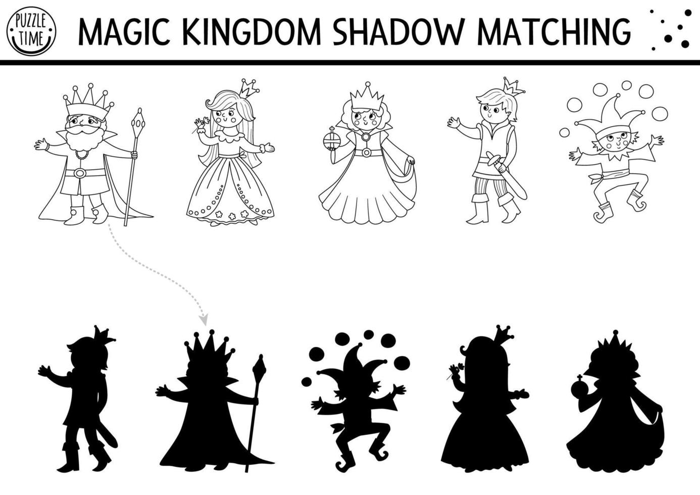 Fairytale black and white shadow matching activity with king, queen, prince, princess. Magic kingdom puzzle. Find correct silhouette printable worksheet or game. Fairy tale coloring page for kids vector